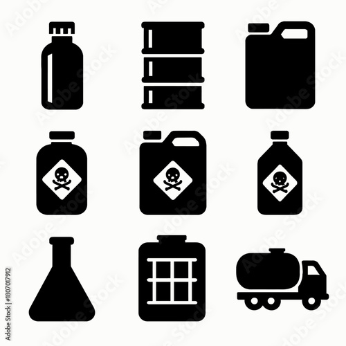 Set of industrial and chemical container icons with hazard symbols