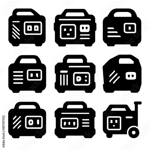 Set of nine black generator icons in various designs