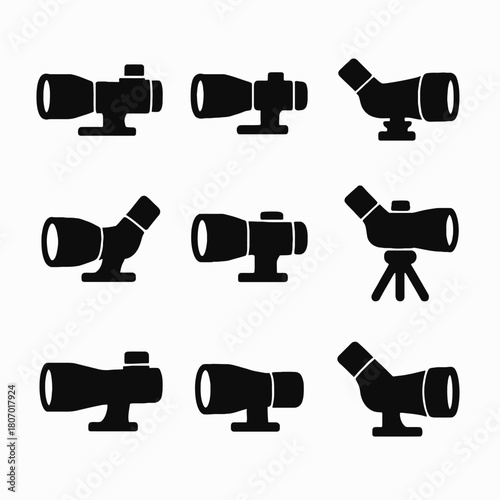 Set of nine black telescope silhouettes in various designs
