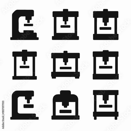 Set of nine black 3d printer icons in various designs