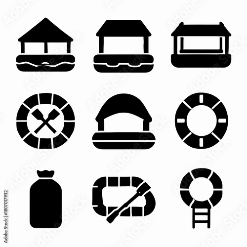 Collection of outdoor adventure and camping icon set in black and white