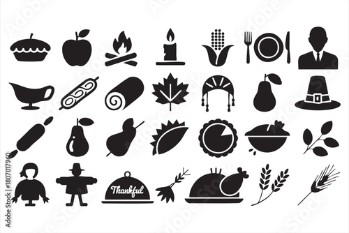 Turkey dinner silhouette icons for UI kits, menu screens and seasonal web sections
