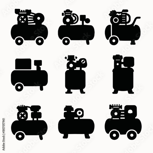 Set of nine silhouette icons of air compressors in grid pattern