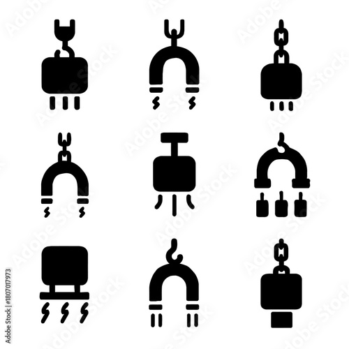 Black silhouettes of magnets in various shapes and designs