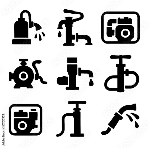 Collection of black water pump icons illustrating various pump designs