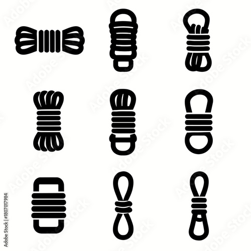 Set of vector icons showing different rope tying styles and techniques