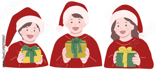 サンタ帽子をかぶってギフトボックスを持っている３人のこども達手書き風　フラットイラスト