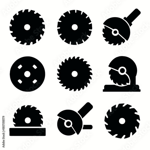 Set of circular saw blade icons in various styles and designs
