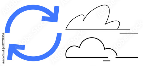 Circular arrows indicating synchronization alongside two cloud shapes symbolize cloud computing, data updates, backup, sharing, and storage flow. Ideal for technology, innovation, software