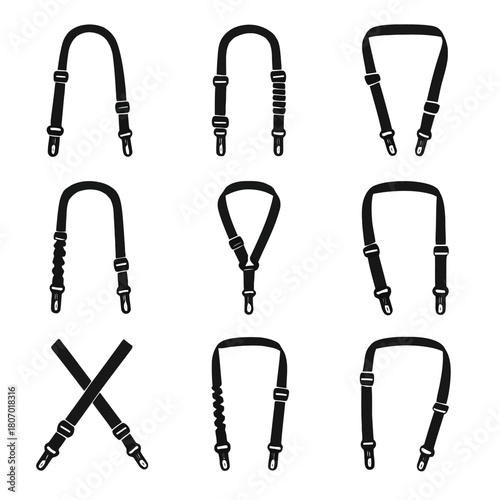 Set of nine adjustable black bag straps on white background