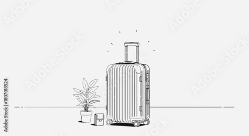 Stylized travel suitcase illustration with plant, evokes minimalist vacation vibe