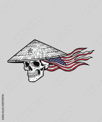 Illustration of a skull wearing a coolie hat adorned with an American flag waving in the wind patriotic design graphic