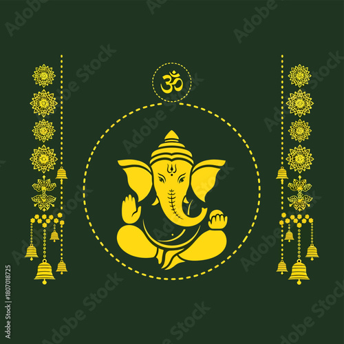 Illustration of Lord Ganesha in yellow, centered in a dotted circle, flanked by floral garlands and bells on a dark green background.