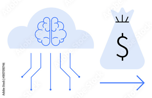 Brain integrated with cloud computing and connection lines linking to a money bag with dollar sign and rightward arrow. Ideal for AI monetization, innovation, technology, cloud services, financial