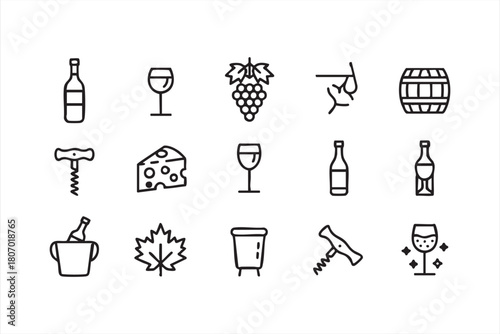 Wine tasting outline icons including glasses, corkscrews and bottles for app interfaces