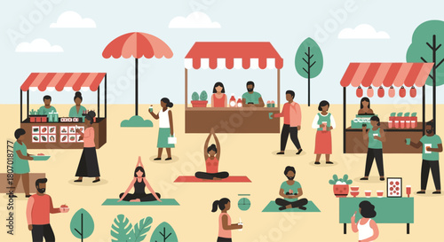Vibrant diverse community enjoying outdoor market with food vendors and yoga sessions atmosphere
