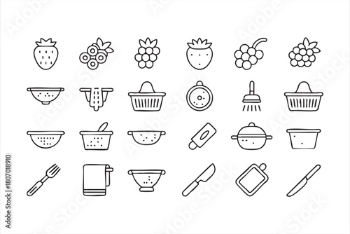 Kitchen prep line icons with fruit, colanders, knives and utensils for UI dashboards