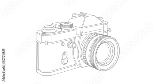 Vintage Single Lens Reflex Camera Detailed Technical Outline Illustration