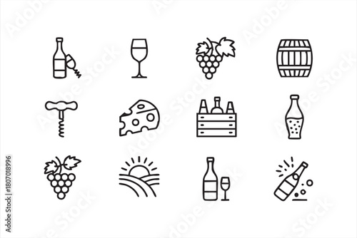 Winery-themed icon suite with barrels, corkscrews and grape clusters for web layouts