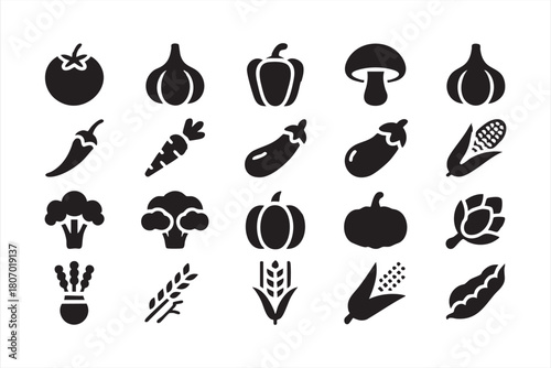Vegetable harvest icon collection with tomatoes, corn, garlic and seasonal produce for UI layouts
