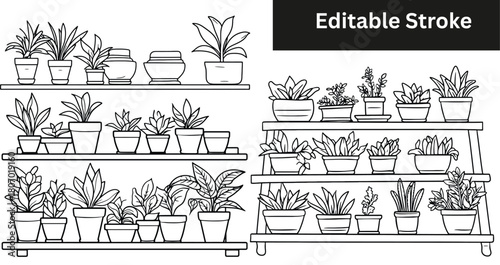 "Houseplant Shelf Doodle Scenes – Hand-Drawn Indoor Plant Shelves with Editable Stroke"