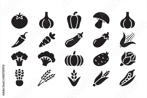 Farm produce silhouette set featuring mushrooms, peppers, eggplants and carrots for app interfaces