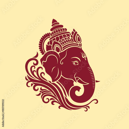 Stylized maroon illustration of the Hindu deity Lord Ganesha's head with an ornate crown and decorative flourishes on a cream background.