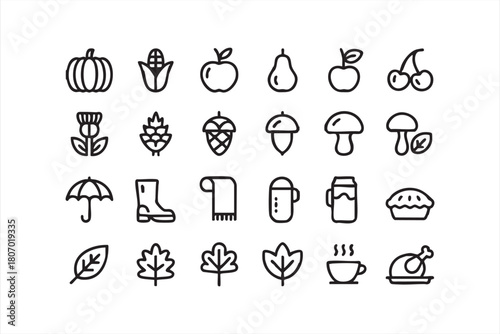 Fall harvest icon set with pumpkins, apples, mushrooms and warm drink elements for UI layouts