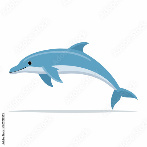 A cheerful blue dolphin jumping out of the water, depicted in a simple cartoon vector style on a white background.