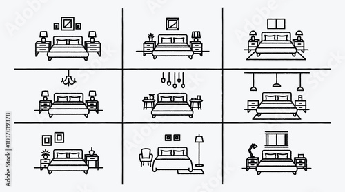 Bedroom furniture design variations in line art style interior decoration guide
