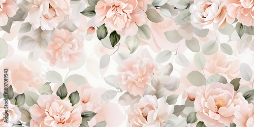 Soft Pink Floral Pattern with Blush Peonies and Delicate Green Foliage on Light Background