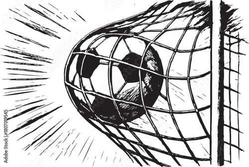  a soccer ball powerfully strikes the goal net silhouette vector