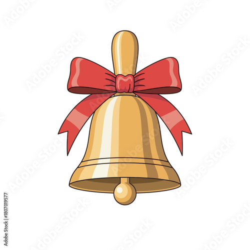 Illustration of a golden bell with a red ribbon tied around the top.