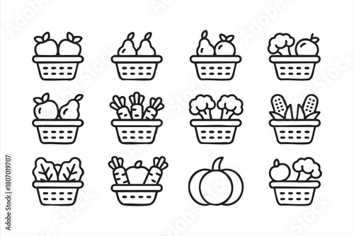 Harvest produce baskets with fruit, vegetables and farm elements for UI layouts