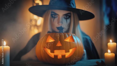 Witch with Dramatic Makeup and Glowing Eyes Holding a Candlelit Jack-o- Lantern halloween
