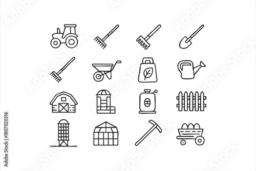 Farm equipment line icons with tractor, rakes, shovel and gardening tools for UI layouts