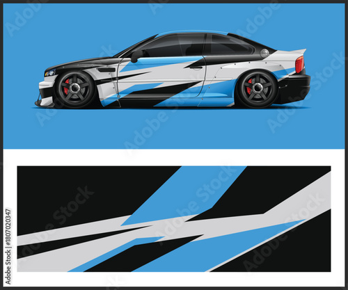 Modern car wrap design with blue and white graphics for vehicle customization