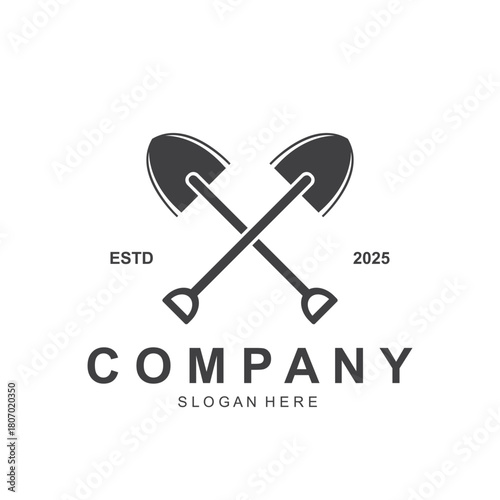 Shovel and pickaxe logo for agriculture, excavation, mining, gardening vector