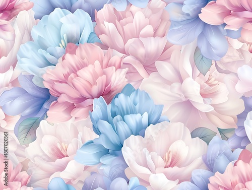 Soft Pastel Floral Pattern with Delicate Blossoms and Lush Petals in Pink and Blue Tones for Background Design