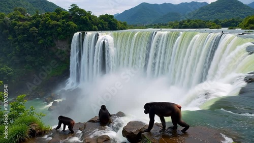 Waterfall with monkeys in lush landscape