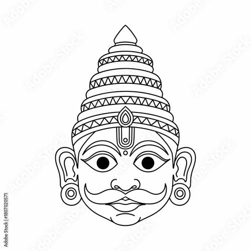 A traditional black and white line drawing of a mythological face with an ornate, tiered headdress and mustache.
