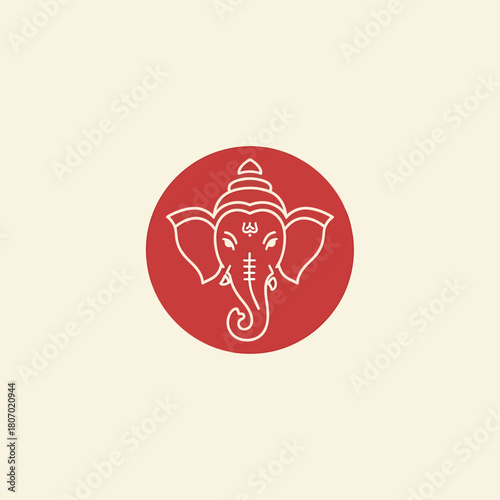 Minimalist white line art illustration of the Hindu deity Ganesha's elephant head within a red circle.