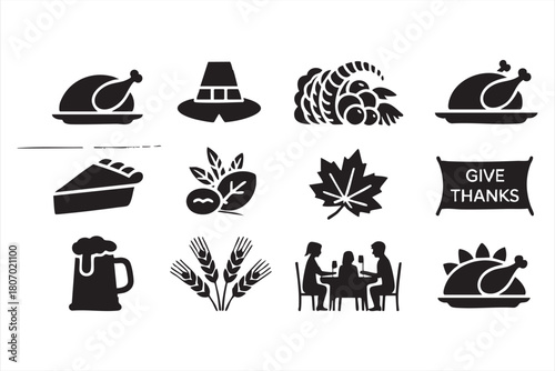 Holiday feast icons featuring family dinner, harvest elements and festive symbols for app interfaces