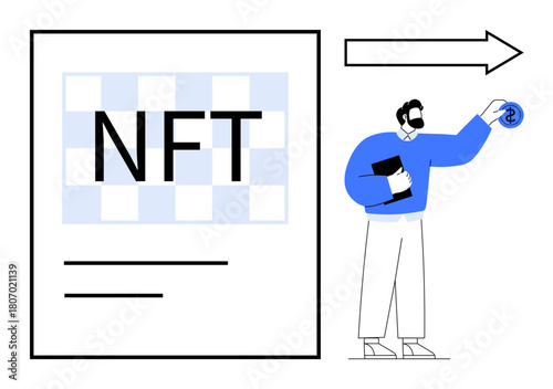 Man holding a cryptocurrency token near NFT text illustration symbolizing blockchain innovation, digital assets, and decentralized transactions. Ideal for cryptocurrency, blockchain, innovation