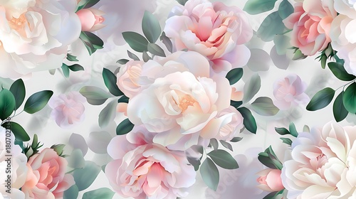 Elegant Floral Pattern with Soft Pink Roses and Delicate Green Leaves on a Light Background