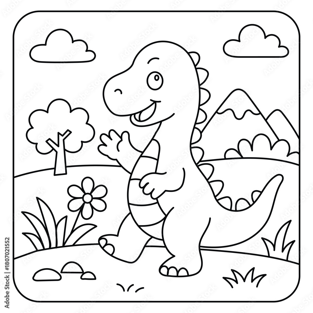 Obraz premium Cute T-Rex Dinosaur in Nature – Kids Printable Coloring Page Illustration