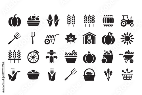 Harvest season agricultural icons featuring barns, crops, produce baskets and farm tools for apps