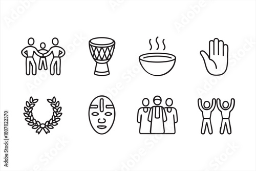 Cultural expression outline pack with mask, drum, group unity and wreath for web interfaces