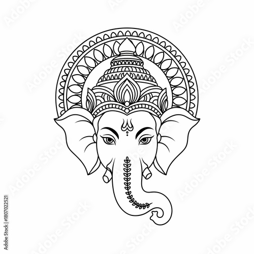 Detailed black and white illustration of the Hindu deity Ganesha, featuring intricate details.
