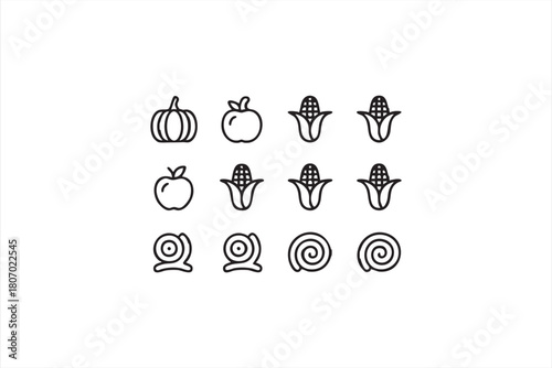 Autumn produce icon set with pumpkins, apples and corn cobs for UI layouts